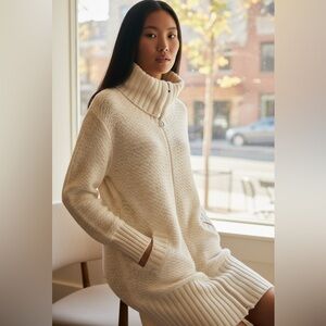 Moda International Cream Turtleneck Long Cardigan Knit Zip Sweater Coat Sz M-L